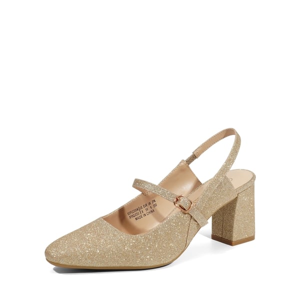 Mary Jane Slingback Chunky Heel Pumps - GOLD GLITTER -  0